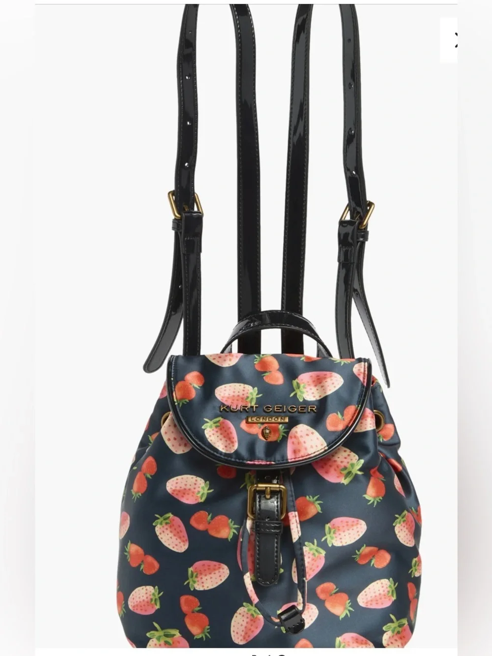 NWT Kurt Geiger Portibello Navy Backpack with Pink Strawberry Print Top Handle